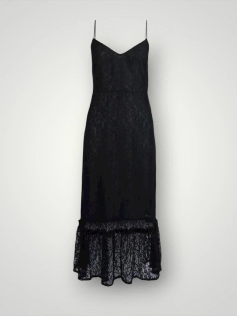 VILA Black Sheer Rosette Lace Midi Slip Dress with Ruffled Hem